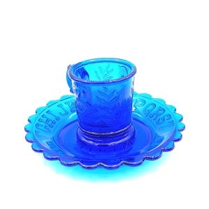 Vintage Cobalt Blue Mosser Glass Child's Mug & Alphabet Plate